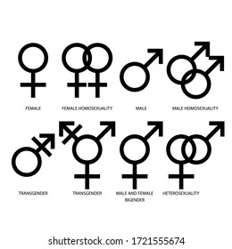Símbolos de género establecidos, , iconos de orientación sexual vectorial plano. mujer, hombre, homosexual, transgénero, bigénero, heterosexual