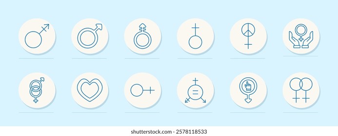 Gender symbols set icon. Male, female, combined gender symbols, equality signs, peace symbol, hands holding female sign, interlocking gender symbols, heart. Equality, and diversity