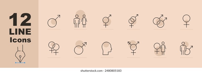 Conjunto de símbolos de género que incluyen iconos masculinos, femeninos, transgénero, intersexuales y de pareja. Iconos de línea de Vector sobre fondo beige