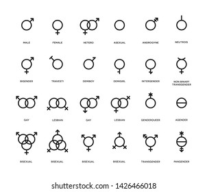Gender symbols set. Sexual orientation icons isolated on white background. Male, female, transgender, gay, lesbian, bisexual, bigender, travesti, genderqueer, androgyne, asexual and more.