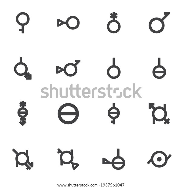 Gender symbols vector icons set, sexual\
orientation modern solid symbol collection, filled style pictogram\
pack. Signs, logo illustration. Set includes icons as transgender,\
pangender, genderqueer