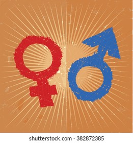 Gender symbols - vector Man blue and Woman Red retro grunge signs on beige starburst background. Aged scratched texture sunburst brown square. Venus and Mars planets - war or marriage concept.