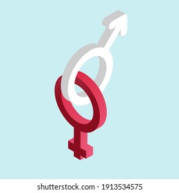 Geschlechtsspezifische Symbole.Konzept der Verbindung zwischen Mann und Frau. Vektorgrafik im isometrischen Stil. Einfaches 3D-Symbol.