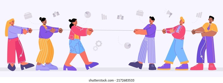 Gender team rivalry, men tug of war with women. Male and female business characters wrestling. Concept of feminism and patriarchy office fight battle for leadership, Line art flat vector illustration