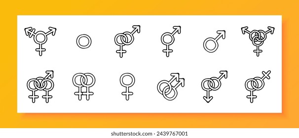Gender tolerance icon set. Gender, identification, stereotype, belonging, self-expression, orientation. Black icon on a white background. Vector line icon for business and advertising