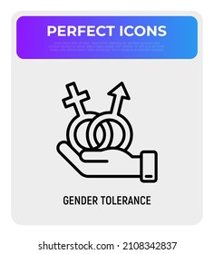 Icono de línea delgada de tolerancia de género. Ilustración vectorial moderna de la igualdad entre hombres y mujeres.