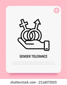 Icono de línea delgada de tolerancia de género. Ilustración vectorial moderna de la igualdad entre hombres y mujeres.