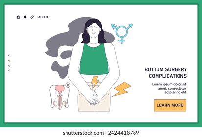 Gender transition complications web or landing. Challenges and discomfort from post bottom surgery. Complex journey of transition. Reproductive organ postoperative pain. Flat vector illustration
