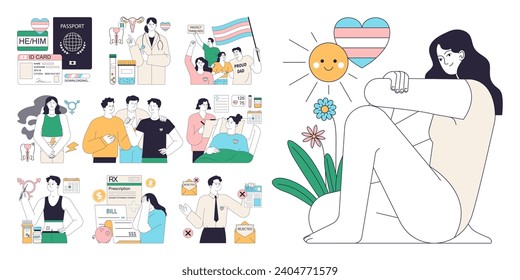 Gender transition consequences set. Gender-affirming therapy, positive and negative experience. Transgender person mental health, legalization, infertility and discrimination. Flat vector illustration