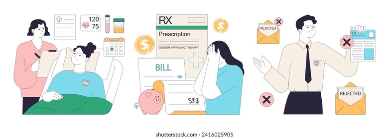 Gender transition consequences set. Gender-affirming therapy, positive and negative experience. Transgender person mental health, legalization, infertility and discrimination. Flat vector illustration