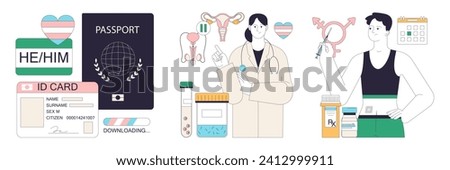 Gender transition consequences set. Gender-affirming therapy, positive and negative experience. Transgender person mental health, legalization, infertility and discrimination. Flat vector illustration