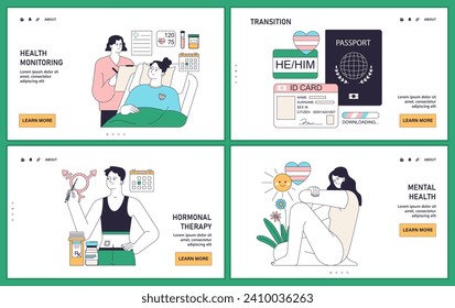 La transición de género tiene consecuencias en la web o en el aterrizaje. Terapia que afirma el género, experiencia positiva y negativa. Salud, legalización y discriminación de las personas transgénero. Ilustración vectorial plana