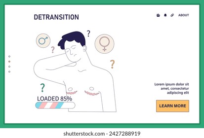 Gender transition contemplation web or landing. Character questioning their gender identity. Internal conflict and doubts, detransition experience. Flat vector illustration.
