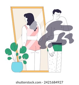 Gender transition. Gender dysphoria. Trans woman standing by the mirror, reflecting a true gender identity. Flat vector illustration