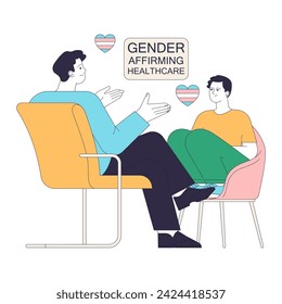 Gender transition. Gender-affirming care for transgender people. Patient discusses their gender transition with a supportive therapist. Flat vector illustration