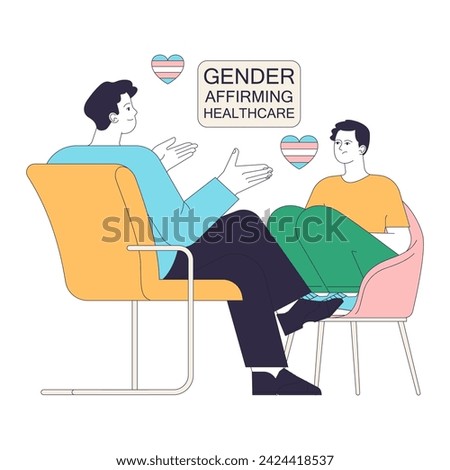 Gender transition. Gender-affirming care for transgender people. Patient discusses their gender transition with a supportive therapist. Flat vector illustration