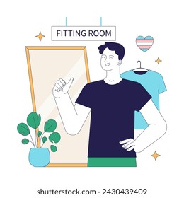 Gender transition. Gender-affirming experience for transgender man. Confident man in a male fitting room. Body positivity and self-love concept. Flat vector illustration