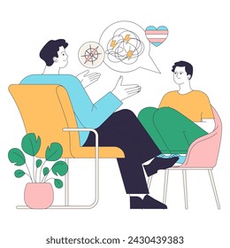 Gender transition. Gender-affirming therapy experience. Patient discusses their gender transition process with a supportive therapist. Flat vector illustration