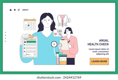 Gender transition healthcare web or landing. Gender-affirming therapy experience. Supportive medical professional monitors a transgender patient's health after their transition. vector