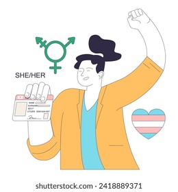 Transición de género. Afirmación de la identidad de género. Persona empoderada mostrando orgullosamente un nuevo ID. Derechos transexuales e identidad. Ilustración vectorial plana