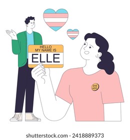 Transición de género. Afirmación de la identidad de género. Persona empoderada mostrando orgullosamente sus nuevos pronunciamientos. Derechos transexuales e identidad. Ilustración vectorial plana