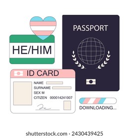 Gender transition. Gender identity affirmation. Empowerment of transgender man new ID and passport. Social transition. Trans rights and identity. Flat vector illustration