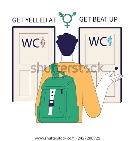 Gender transition negative side. Person facing a harsh choice between facing verbal or physical violence when choosing a public restroom. Social transphobia and gender bias. Flat vector illustration.