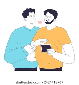 Gender transition positive experience. Gay couple starting a family. Loving moment between a gay couple as they look at a sonogram. Trans man pregnancy. Flat vector illustration.