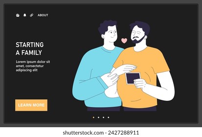 Gender transition positive experience web or landing. Gay couple starting a family. Loving moment between a gay couple as they look at a sonogram. Trans man pregnancy. Flat vector illustration.