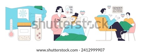 Gender transition process set. Gender-affirming therapy for transgender people. Gender dysphoria, coming out, hormone therapy and sex reassignment surgery. Flat vector illustration