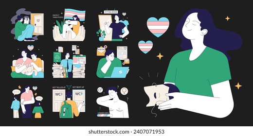 Gender transition pros and cons dark or night set. Gender-affirming therapy, positive and negative side. Transgender person mental health, legalization and discrimination. Flat vector illustration