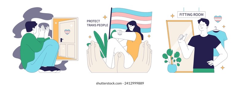 Gender transition pros and cons set. Gender-affirming therapy, positive and negative side. Transgender person mental health, legalization and discrimination. Flat vector illustration