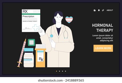 Gender transition web or landing. Gender-affirming hormone therapy. Healthcare worker with hormone treatment prescription. Transgender medical care. Flat vector illustration