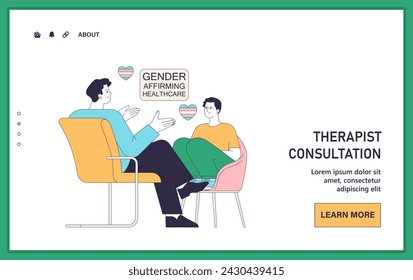 Gender transition web or landing. Gender-affirming care for transgender people. Patient discusses their gender transition with a supportive therapist. Flat vector illustration