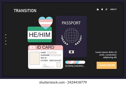 Gender transition web or landing. Gender identity affirmation. Empowerment of transgender man new ID and passport. Social transition. Trans rights and identity. Flat vector illustration