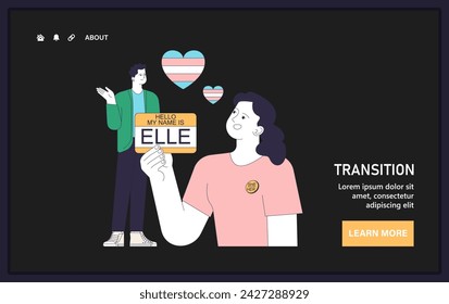 Web de transición de género o aterrizaje. Afirmación de identidad de género. Persona empoderada mostrando con orgullo sus nuevos pronunciamientos. Derechos trans e identidad. Ilustración vectorial plana