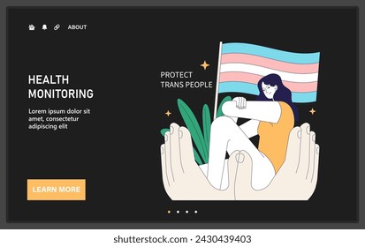 Gender transition web or landing. Transgender person mental health improvement. Trans woman self-reflection and mental health awareness. Trans rights and identity. Flat vector illustration