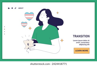 Gender transition web or landing. True self in the journey of coming out, transgender person improved mental health. Gender dysphoria, new identity acceptance and empowerment. Flat vector illustration