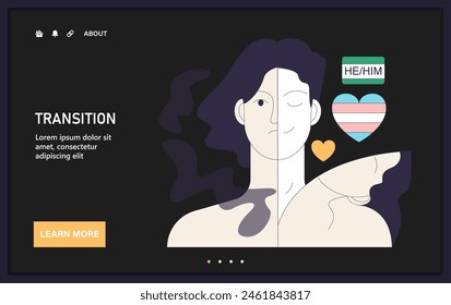 Gender transition web or landing. True self in the journey of coming out. Gender dysphoria, new identity acceptance and empowerment. Flat vector illustration