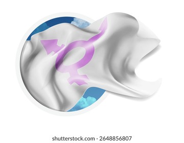 Gender, vector 3d flag against a blue sky, through a round hole on a white background