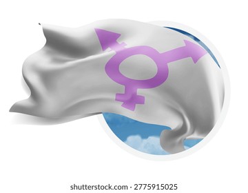 Gender, vector 3d flag against a blue sky, through a round hole on a white background