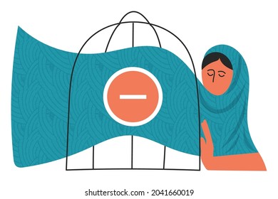 Gender violence concept Woman locked in a cage. International day for the elimination of violence against women. Domestic violence and female abuse. Flat vector illustration banner, isolated white