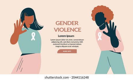 Gender violence concept Woman show stop gesture protest against racial or gender discrimination. Diverse female characters. Women day and right, sisterhood flat vector illustration, banner template