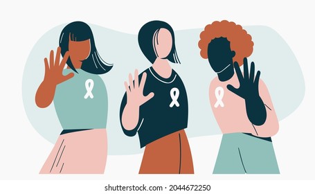 Concepto de violencia de género La mujer muestra un gesto para detener o firmar una protesta contra la discriminación racial o de género. Diversos personajes femeninos para un diseño de diversidad igual. Ilustración vectorial del Día de la Mujer