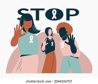 Gender Violence Concept Women Show Stop Gesture Or Sign Protest Against Racial Or Gender Discrimination. International Day For Elimination Of Violence Against Women. Flat Vector Illustration, Poster