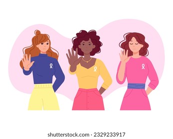 Gender violence. Elimination racial bias against women international day concept, girls with stop gesture woman riot demonstration feminism manifestation vector illustration of solidarity feminism