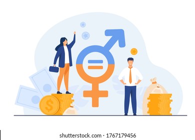 Gender wage equality in business isolated flat vector illustration. Happy female and male tiny characters working together with respect. Diversity, tolerance and discrimination concept