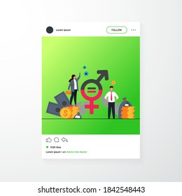Gender wage equality in business isolated flat vector illustration. Happy female and male tiny characters working together with respect. Diversity, tolerance and discrimination concept