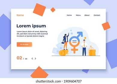 Gender wage equality in business isolated flat vector illustration. Happy female and male tiny characters working together with respect. Diversity, tolerance and discrimination concept
