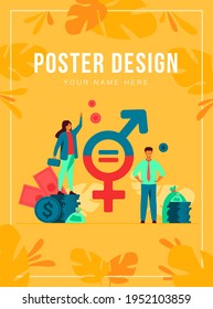 Gender wage equality in business isolated flat vector illustration. Happy female and male tiny characters working together with respect. Diversity, tolerance and discrimination concept